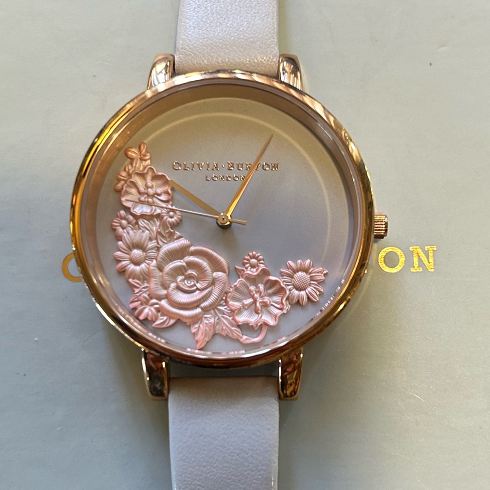 Olivia Burton Watch With 38mm Face With 3D RoseGold Florals & Leather Band